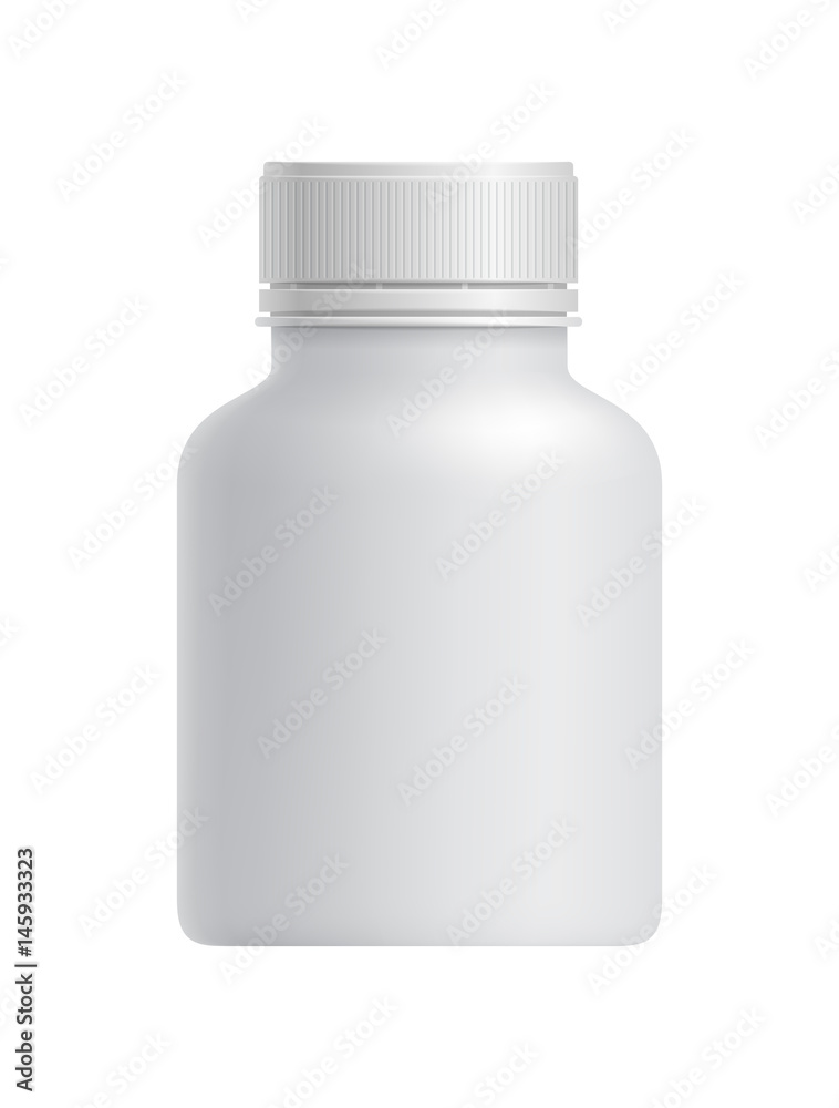 Blank white plastic drug container isolated on white background vector illustration. Packaging design element for branding. Blank white plastic drug container isolated on white background vector illustration. Packaging design element for branding.