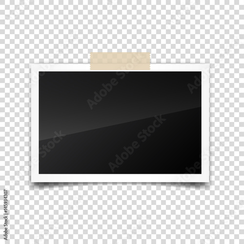 Photo card,frame,film set. Retro,vintage photograph with shadow and tape.Digital snapshot,image.Photography art. Template or mockup for design.Vector illustration on a transparent background.