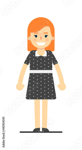 Smiling young redhead girl in black dress isolated on white background vector illustration. People personage in flat design.