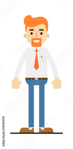 Happy redheaded bearded clerk character isolated on white background vector illustration. People personage in flat design.