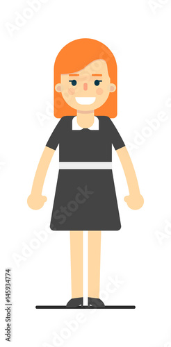 Beautiful redhead girl in black dress isolated on white background vector illustration. People personage in flat design.