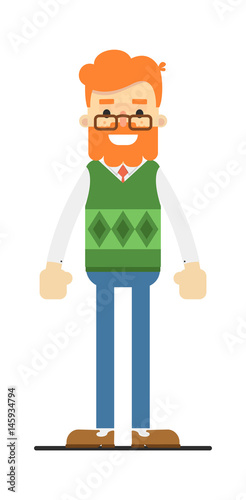 Happy redheaded bearded hipster character isolated on white background vector illustration. People personage in flat design.