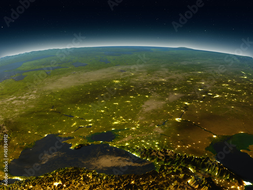 Caucasus region from space in the evening © harvepino