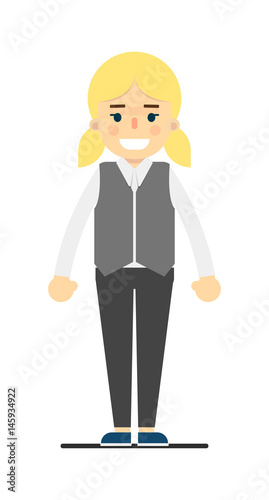 Cheerful young blonde woman in grey suit isolated on white background vector illustration. People personage in flat design.