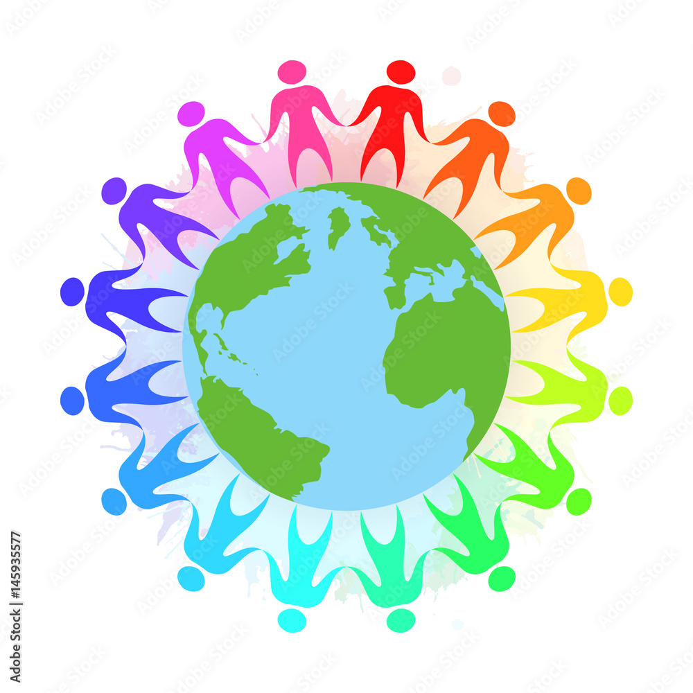 Illustration of rainbow people holding hands around the planet Earth with watercolor splashes. Unity and toleration.