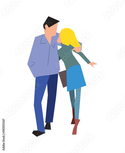 Happy young couple in love on walk vector illustration isolated on white background. People relationship, family concept in flat design.