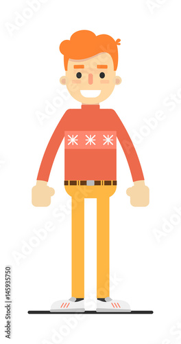 Young smiling redheaded guy character isolated on white background vector illustration. People personage in flat design.