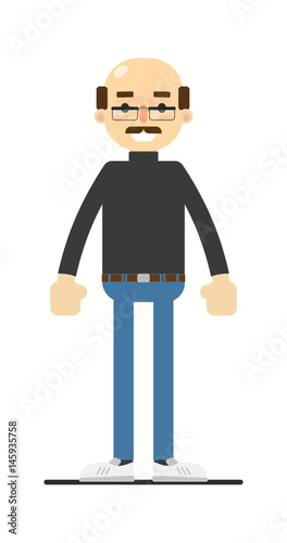 Adult bald man with mustache in shirt and jeans isolated on white background vector illustration. People personage in flat design.