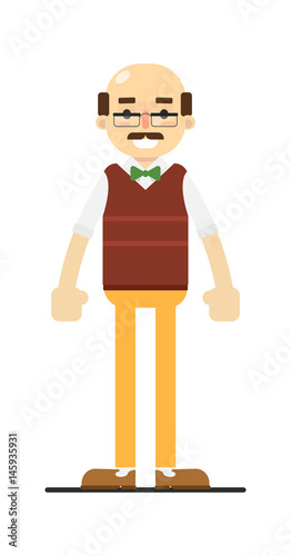 Adult bald man in bow tie, sweater and pants isolated on white background vector illustration. People personage in flat design.