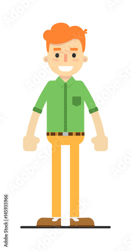 Young happy redheaded guy in shirt and pants isolated on white background vector illustration. People personage in flat design.