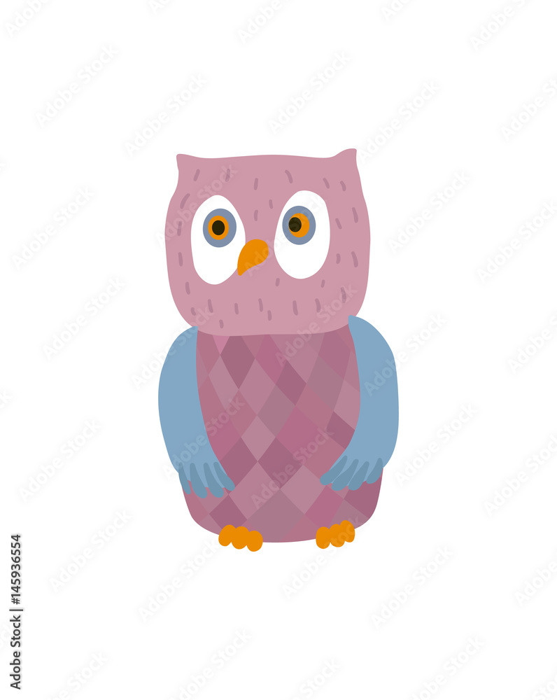 Fototapeta premium Funny owl personage vector illustration isolated on white background. Cute wild animal, zoo wildlife character in cartoon style.