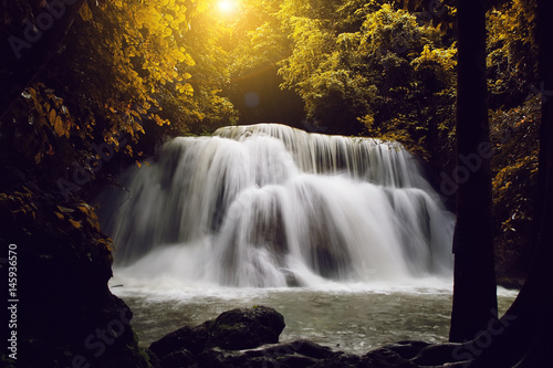 Fototapeta Naklejka Na Ścianę i Meble -  Landscape photo, Erawan Waterfall, beautiful waterfall in rainforest at Kanchanaburi province, Thailand