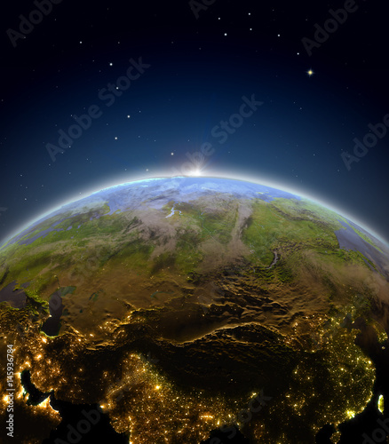 Fototapeta Naklejka Na Ścianę i Meble -  Central Asia from space during sunrise