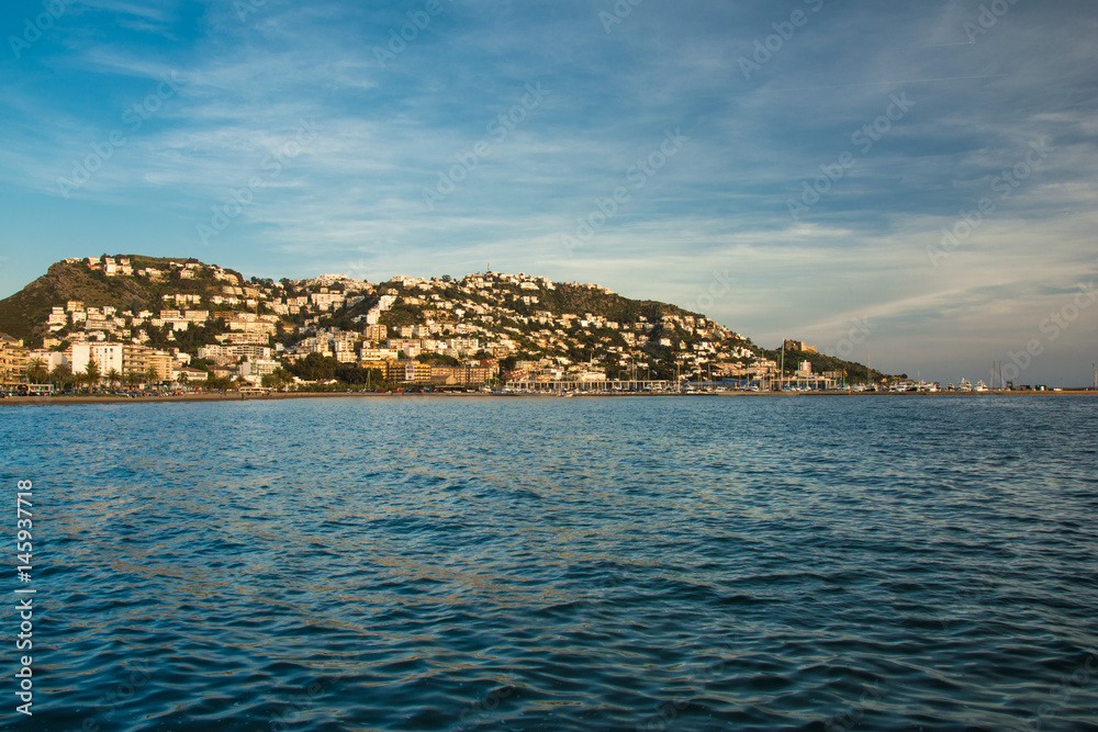 View from the sea of Roses on the Costa Brava, Catalonia at sunset