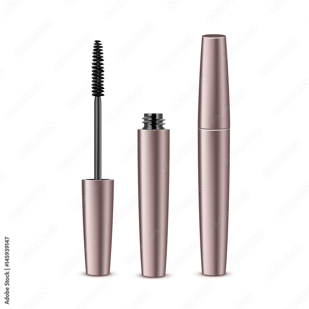 Vector Opened Closed Black Realistic Mascara in Pink Shiny Tube on White Background