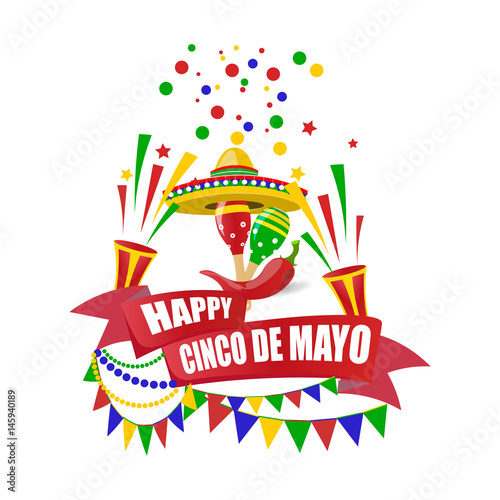 Cinco de Mayo. Merry holiday. Write with a wish for happiness on the tape. Sombrero  crackers  candies  flags  maracas and red peppers. illustration
