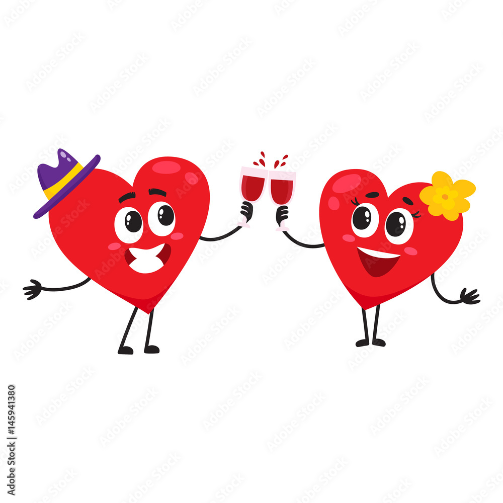 Two hearts clinking glasses, celebrating, couple in love concept, cartoon  vector illustration on white background. Funny couple of hearts with  glasses, Valentine day, wedding celebration concept Stock Vector | Adobe  Stock