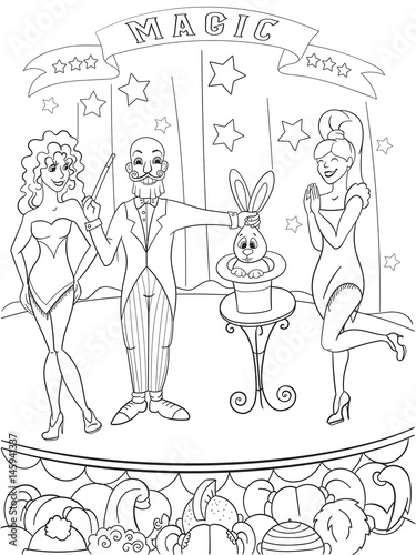 Speech in the circus magician coloring book for children cartoon vector illustration