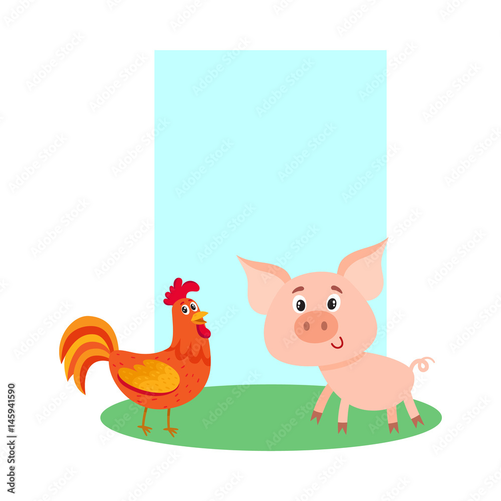 Poster, label, banner template with farm baby pig and red rooster, cartoon vector illustration. Cute and funny farm pig and rooster with friendly faces and big eyes on banner, poster, card template