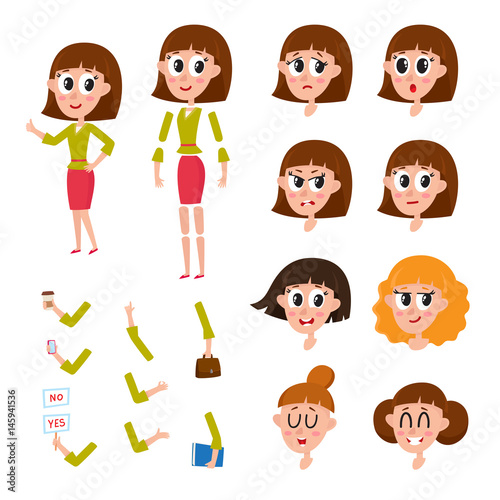 Woman, girl character creation set with different faces, hairs, emotions, cartoon vector illustration isolated on white background. Funny woman, girl creation set, constructor, animation ready