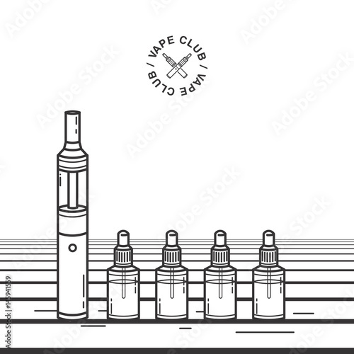 Vape smoking device. Illustration with e-cigarette and vaping juice.