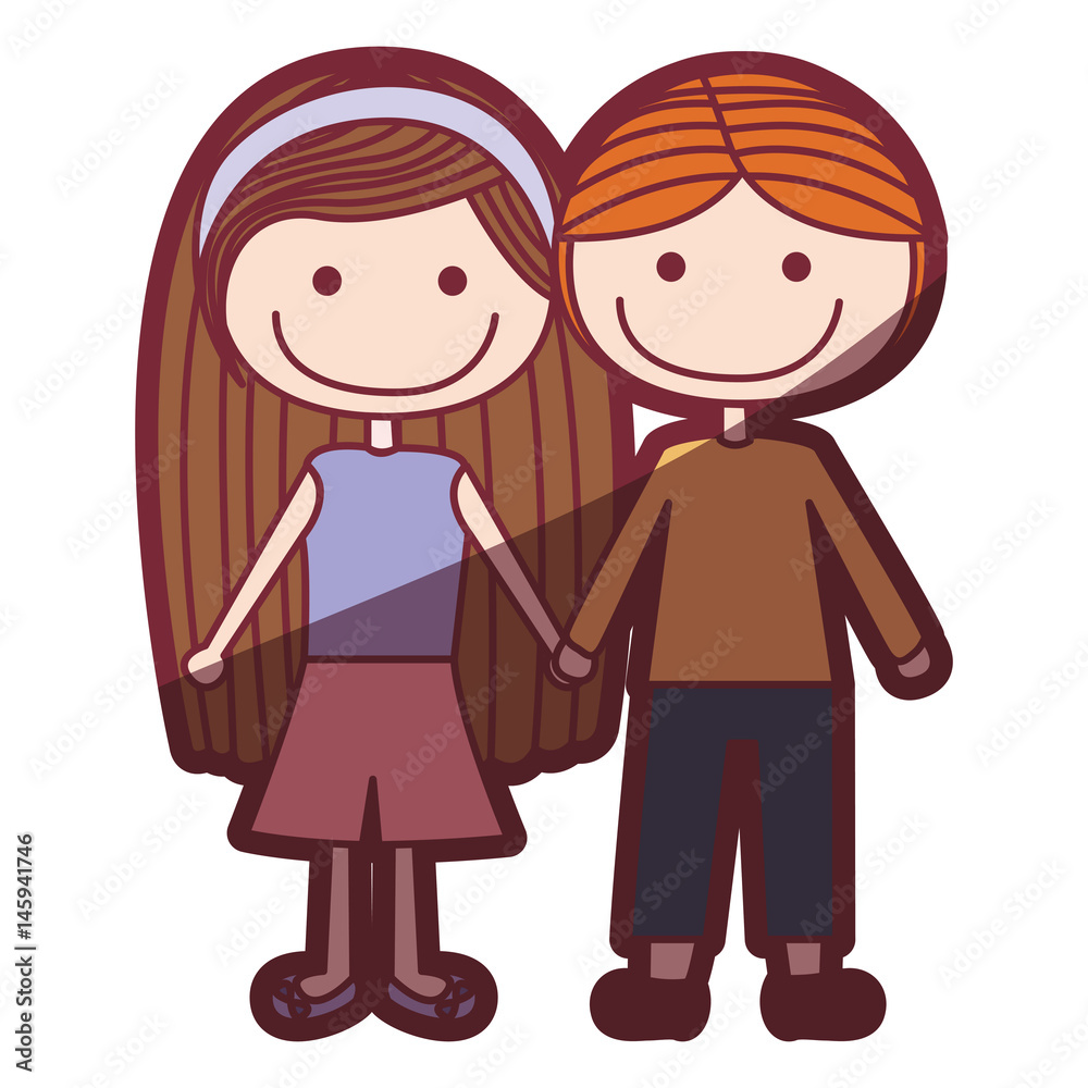 color silhouette shading cartoon couple kids in casual clothes with taken hands vector illustration color silhouette shading cartoon couple kids in casual clothes with taken hands vector illustration