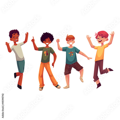Black and Caucasian boys, kids having fun, dancing at party, cartoon vector illustration isolated on white background. Happy boys dancing, jumping at a kids, birthday party, having fun