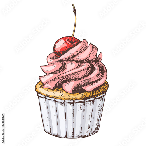 Hand drawn vanilla cupcake with cherry on top, vintage colorful food sketches, isolated on white background. Vector illustration.
