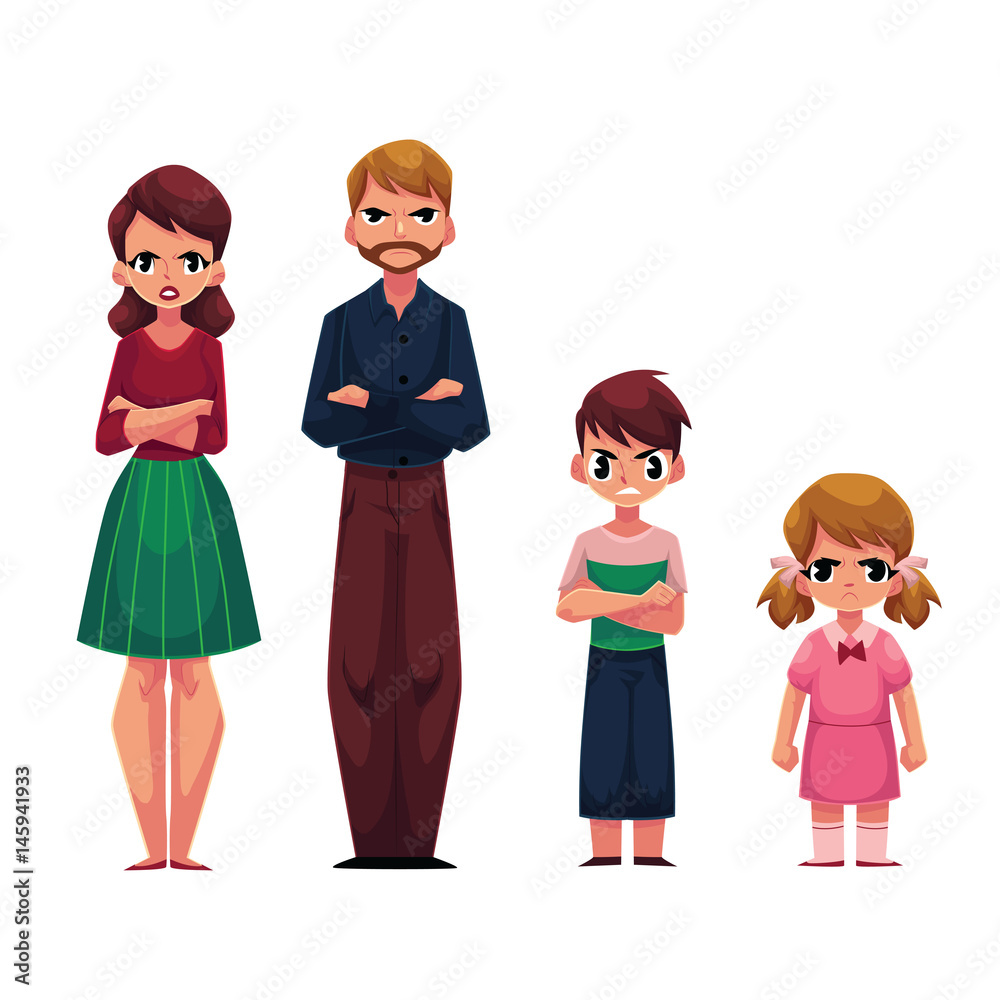 Family of four, father, mother, son and daughter, standing with frowned, angry face expression, cartoon vector illustration on white background. Family standing with arms crossed on breast, frowning Family of four, father, mother, son and daughter, standing with frowned, angry face expression, cartoon vector illustration on white background. Family standing with arms crossed on breast, frowning