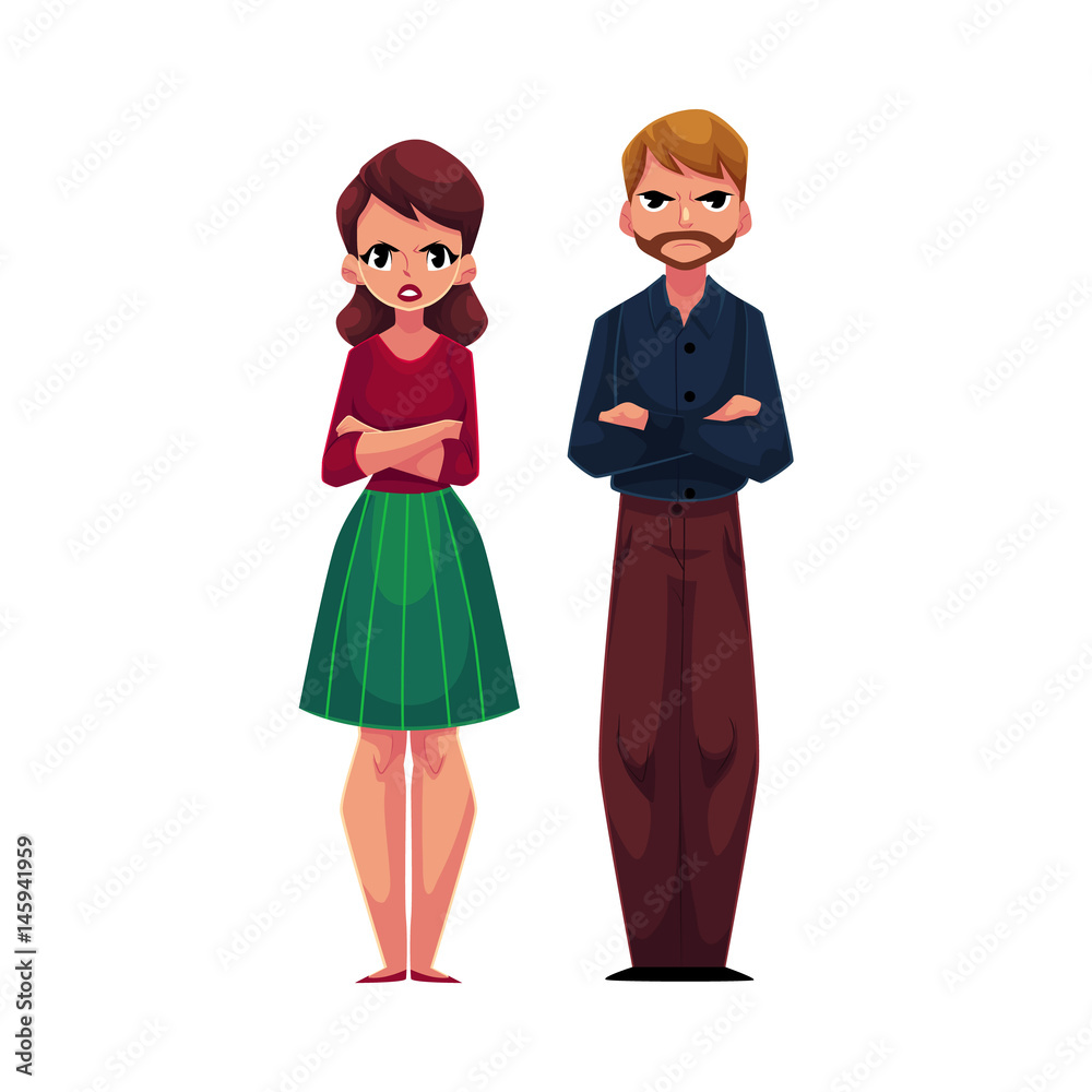 Young woman, girl in casual clothes standing with frowned, angry face expression, cartoon vector illustration on white background. Frowning, irritated girl, woman standing with arms crossed on breast Young woman, girl in casual clothes standing with frowned, angry face expression, cartoon vector illustration on white background. Frowning, irritated girl, woman standing with arms crossed on breast
