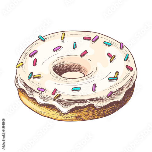 Hand drawn vanilla donut, vintage colorful food sketch, isolated on white background. Vector illustration.