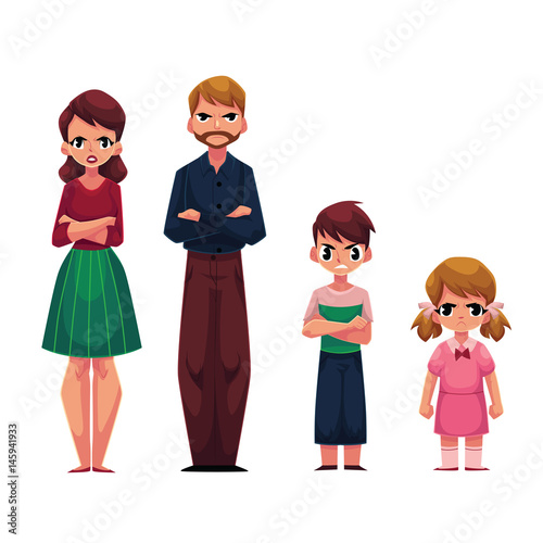 Family of four, father, mother, son and daughter, standing with frowned, angry face expression, cartoon vector illustration on white background. Family standing with arms crossed on breast, frowning