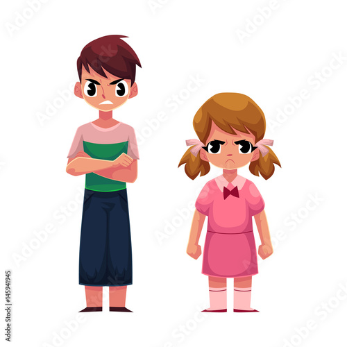 Angry, frowned little kids, boy with arms crossed on breast, girl clenching fists, cartoon vector illustration on white background. Frowning kids, boy and girl, standing anfry face expression