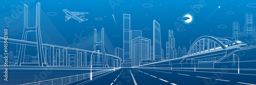 Infrastructure panorama. Large cable-stayed bridge. Train move on the bridge. Airplane fly. Night modern city on background, towers and skyscrapers, vector design art 
