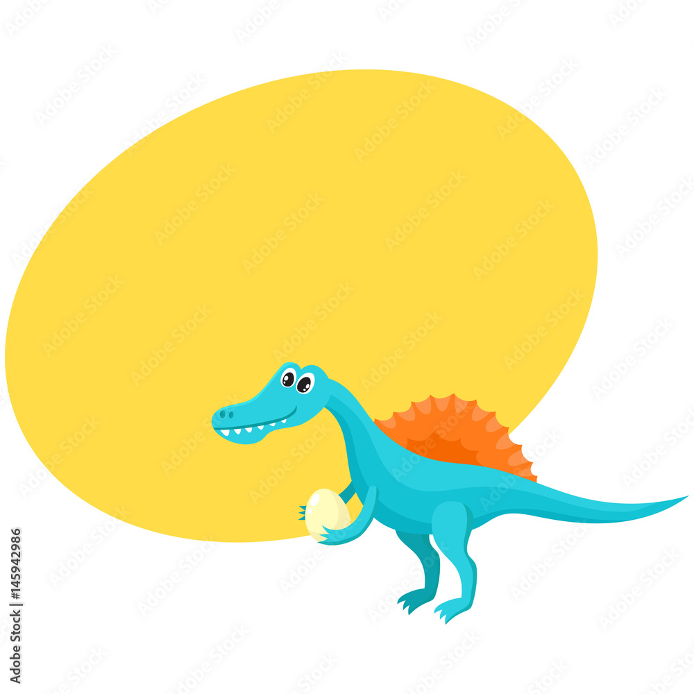 Cute and funny smiling baby spinosaurus, dinosaur, cartoon vector illustration with space for text. Funny, happy spinosaurus dinosaur character, decoration element