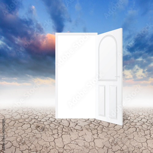 Drought land with an open door in wihte background