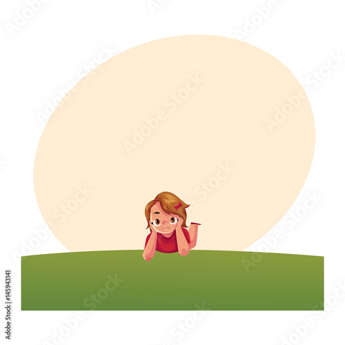 Teenage girl with short brown hair and big eyes lying on green grass under summer sky, colorful cartoon vector with space for text. Girl, kid, child lying on the grass, summer vacation concept