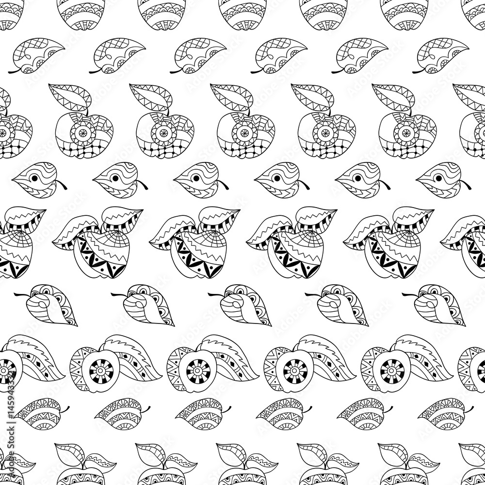 Hand drawn apples and leaves for anti stress colouring page. Seamless pattern for coloring book. Hand drawn apples and leaves for anti stress colouring page. Seamless pattern for coloring book.