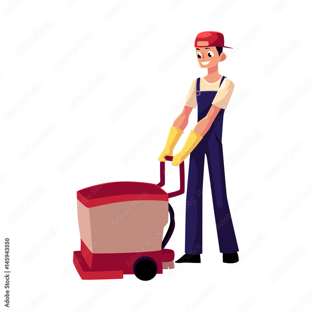 Cleaning service boy, man, cleaner in overalls using floor cleaning machine, front view cartoon vector illustration isolated on white background. Cleaning service boy with floor washing machine