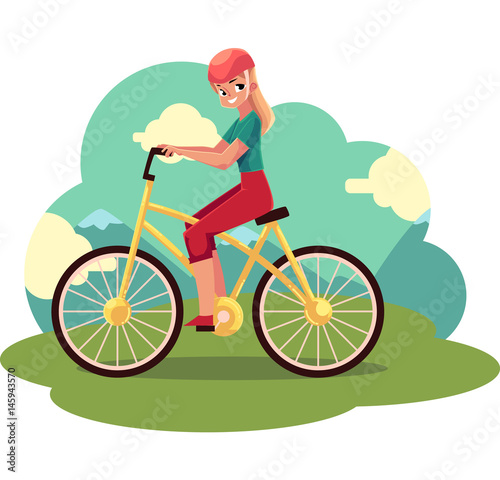 Fototapeta Naklejka Na Ścianę i Meble -  Young pretty blond woman, girl riding a bicycle, cycling, cartoon vector illustration . Full length, side view portrait of young long haired woman riding a bicycle, cycling in countryside,