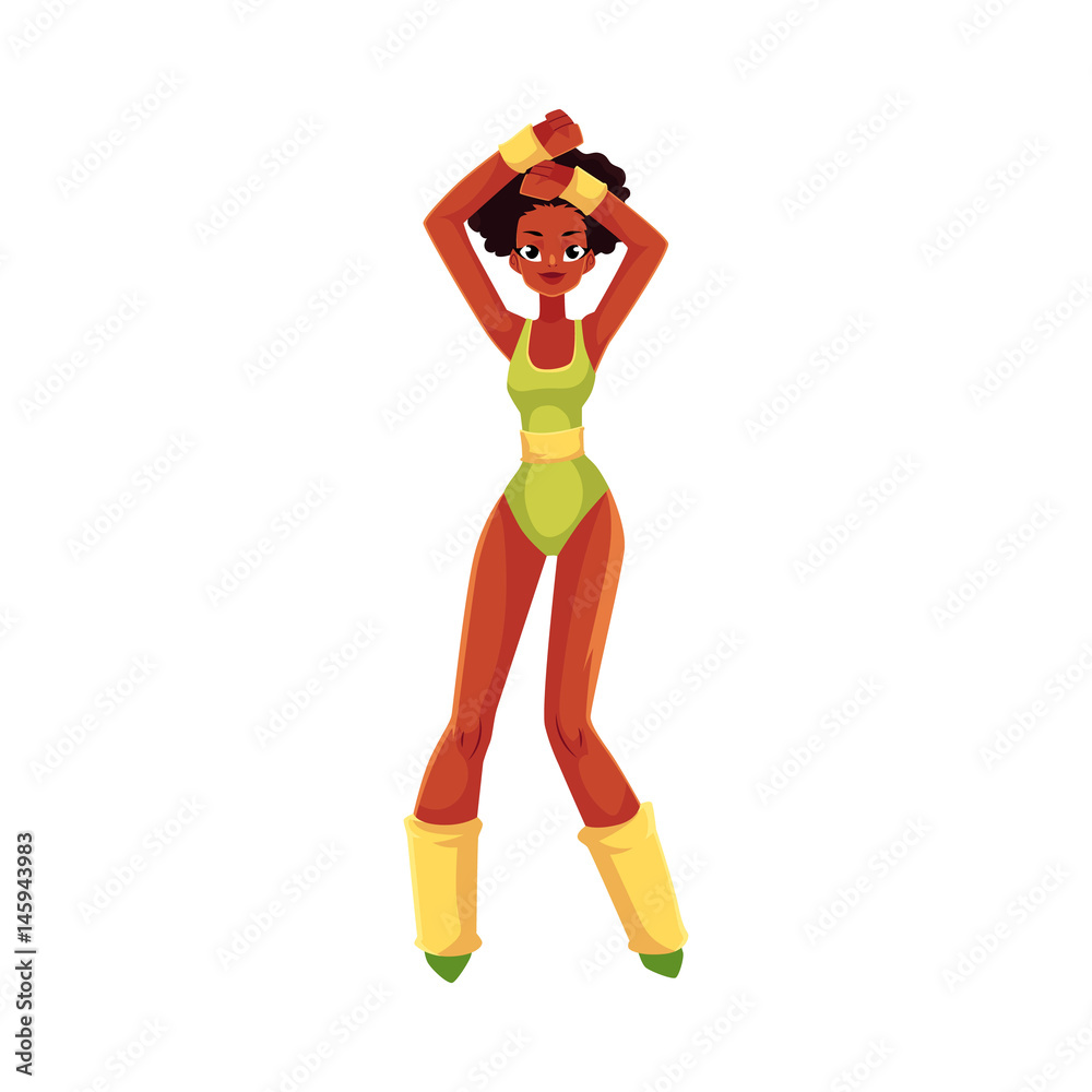 Black, African American girl, woman in 80s style aerobics outfit enjoying  sport dance workout, cartoon vector illustration isolated on white  background. Retro style black girl, woman, aerobic workout Stock Vector