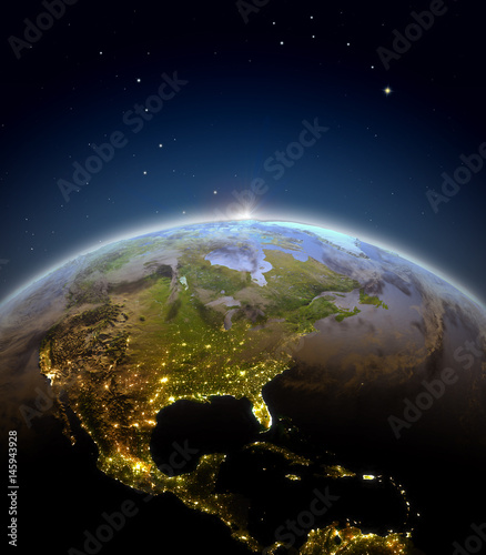 Fototapeta Naklejka Na Ścianę i Meble -  Central and North America from space during sunrise
