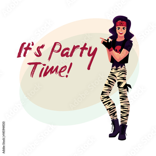 Glam rock party invitation, banner poster template with young man dressed in skull t-shirt, cartoon vector illustration. Glam rock party invitation banner, poster layout with rock star man
