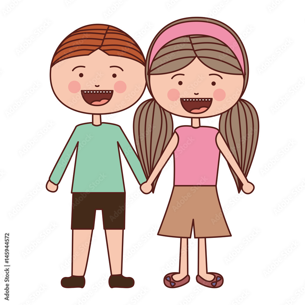 color silhouette smile expression cartoon brown boy hair and girl pigtails hairstyle with taken hands vector illustration