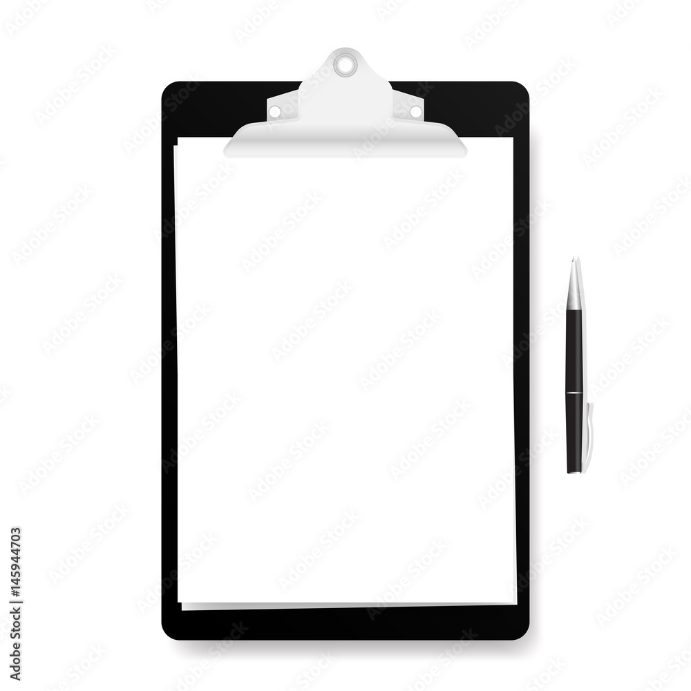 Realistic black clipboard with white empty page and pen isolated on white background. illustration. Realistic black clipboard with white empty page and pen isolated on white background. illustration.