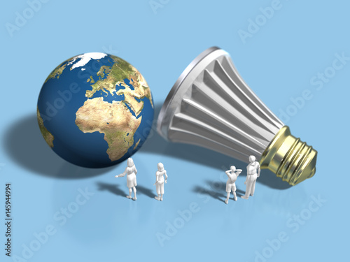 Slika na platnu Family figures that look at LED bulbs imitating the deviant Earth
