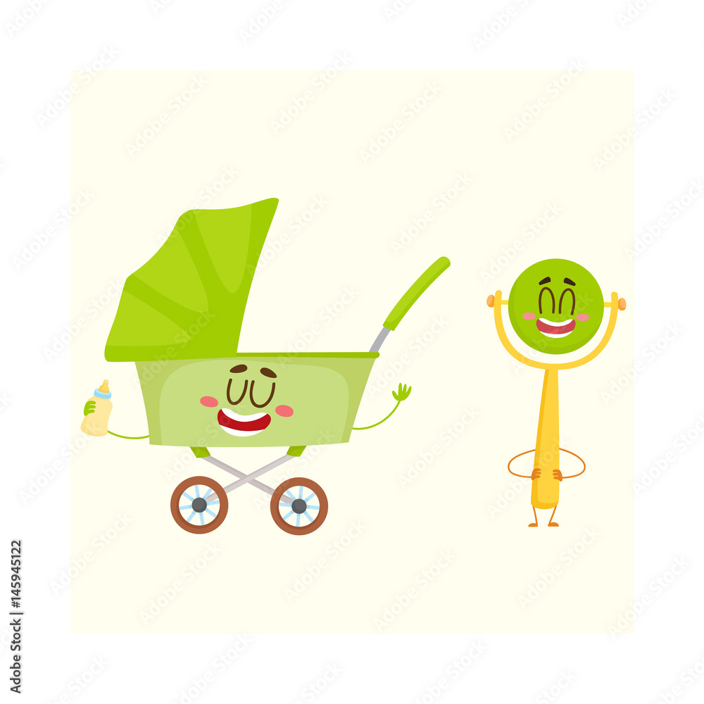 Funny baby cart, stroller, buggy and rattle toy character, newborn ...