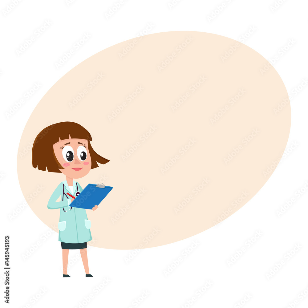 Comic woman doctor character writing something into medical record, cartoon vector illustration with space for text. Full length portrait of funny woman doctor holding clipboard Comic woman doctor character writing something into medical record, cartoon vector illustration with space for text. Full length portrait of funny woman doctor holding clipboard