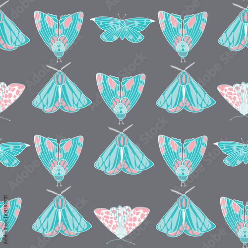 Summer moth seamless vector pattern.  Happy and colorful design.