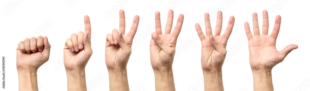 Male hands counting from zero to five isolated Male hands counting from zero to five isolated